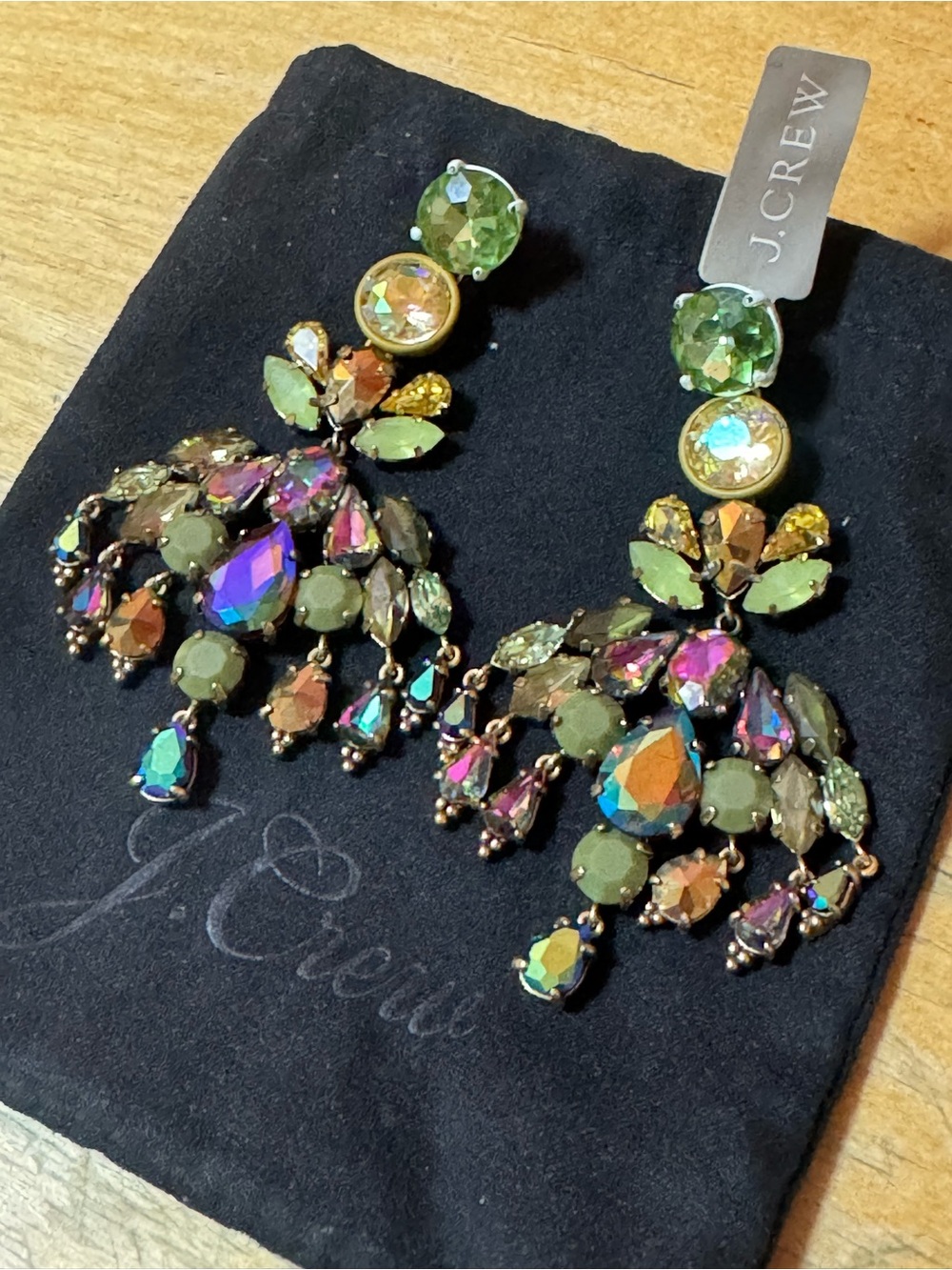 NWT J. Crew Iridescent Peridot Crystal Chandelier Earrings E3525 Vintage Style